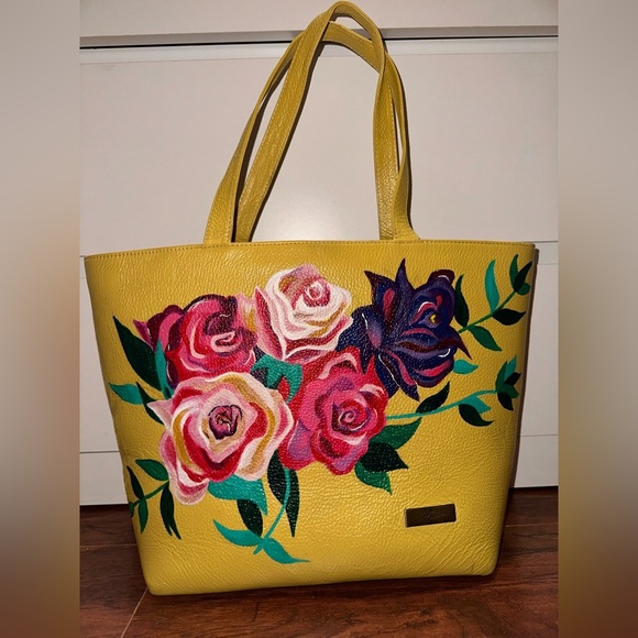 FINA CATRINA HAND PAINTED MEXICAN LEATHER YELLOW TOTE 👜 - Picture 1 of 9